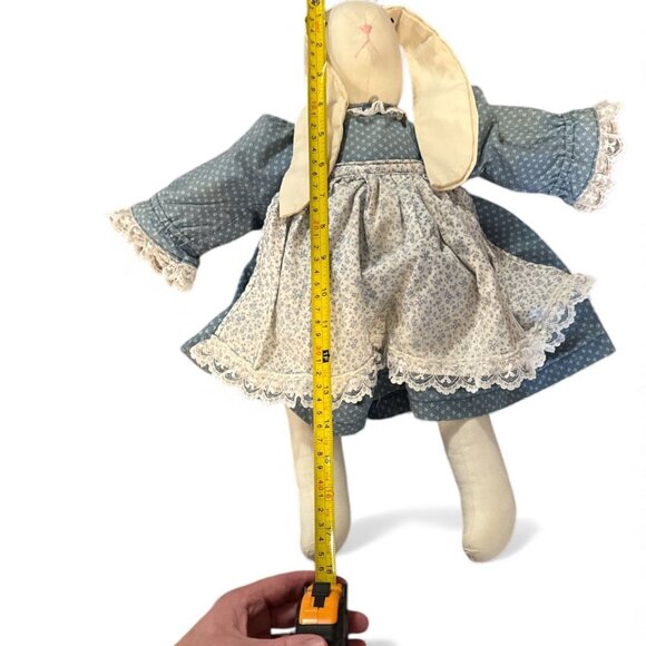 Vintage Handmade Primitive Bunny Doll 18" With Lace-Trimmed Blue & Floral Dress - Picture 5 of 5